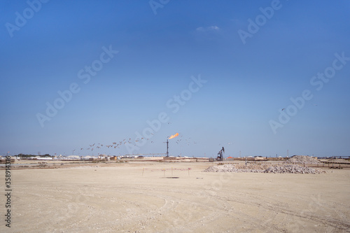Obraz na płótnie gas extraction pipeline with fire flame in oil extraction installation in the desert of Bahrain w salonie