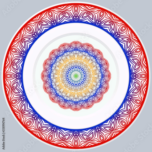 decorative plates for interior design. Empty dish, porcelain plate mock up design. Vector illustration. Decorative plates with Mandala ornament patterns. Home decor background
