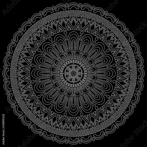 White outline mandala on a black doodles sketch