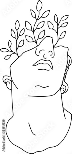 aesthetic greek bust sculpture line art head of a man with plants