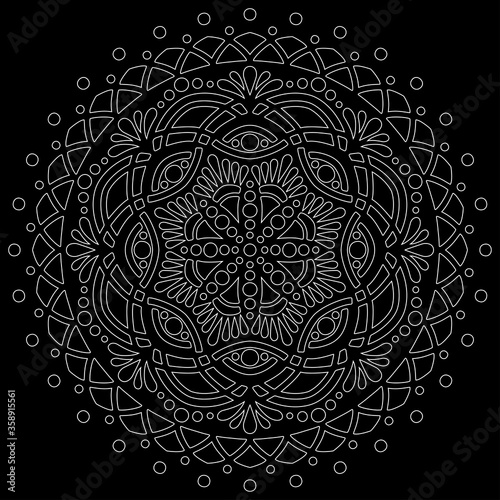 White outline mandala on a black doodles sketch