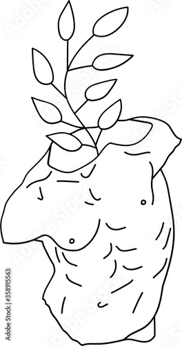 aesthetic greek sculpture line art half body muscular man with plants
