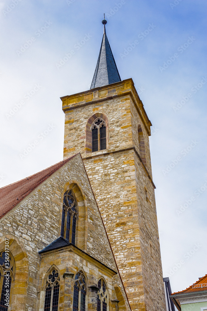 It's St Giles' Church at Wenigenmarkt Square of the city of Erfurt, Germany. Erfurt is the Capital of Thuringia and the city was first mentioned in 742