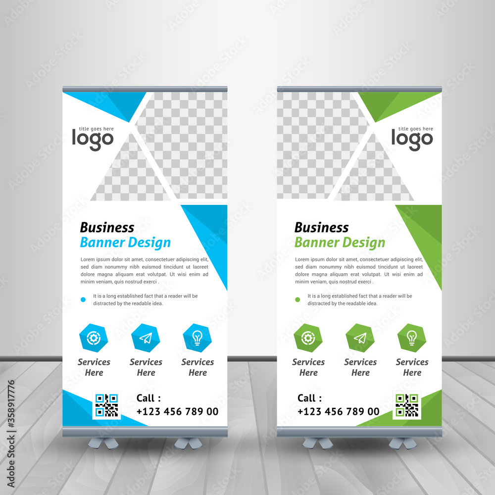 Creative Business Agency Roll-up for exhibitions, banner for seminar, layout for placement of photos. Universal stand for conference.	