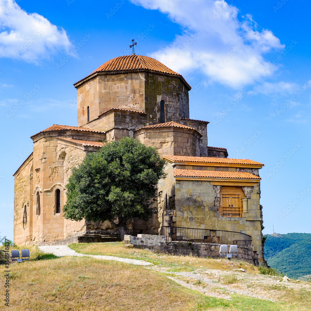 It's Beautiful nature and Jvari Monastery, Georgian Orthodox monastery of the 6th century on the mountain hill ove the old town of Mtskheta (UNESCO World Heritage site)