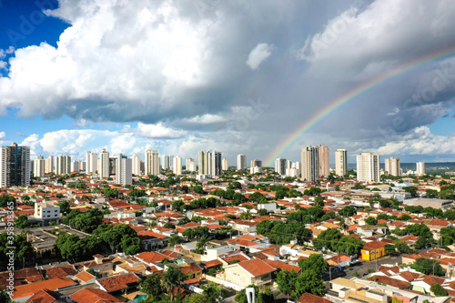 Araçatuba, São Paulo State, Brazil, November 2018. Panoramic aerial view with rainbow. photo