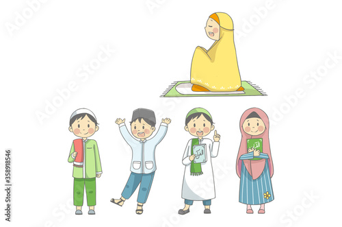 Muslim kids cartoon sitting while pray and holding quran