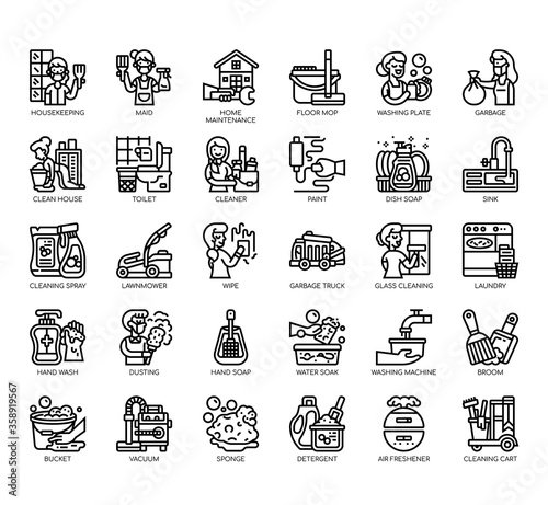 Set of housekeeping thin line and pixel perfect icons for any web and app project.