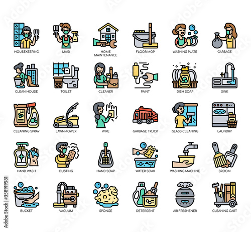 Set of housekeeping thin line and pixel perfect icons for any web and app project.