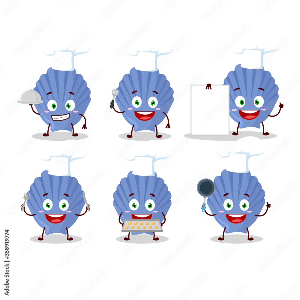 Cartoon character of blue shell with various chef emoticons