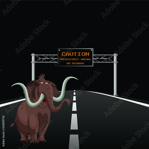 Comical overhead gantry sign warning prehistoric animal on highway with copy space for own text on black background