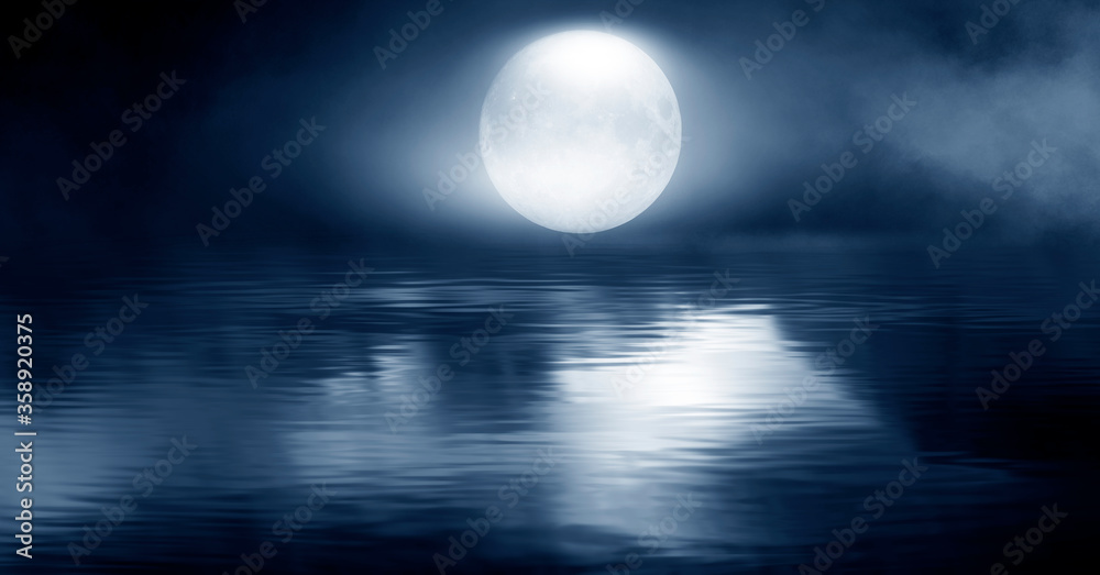 Dramatic dark background. Reflection of light on the water. Smoke Fog, rays, the moon. Empty night scene, landscape, river, clouds. 3d illustration