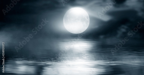 Dramatic dark background. Reflection of light on the water. Smoke Fog  rays  the moon. Empty night scene  landscape  river  clouds. 3d illustration