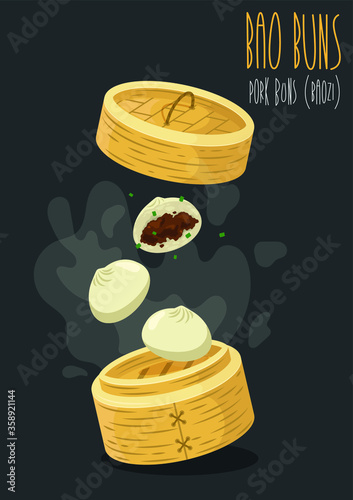 Bao Buns (Baozi). Chinese Steamed Pork Buns. Vector illustration