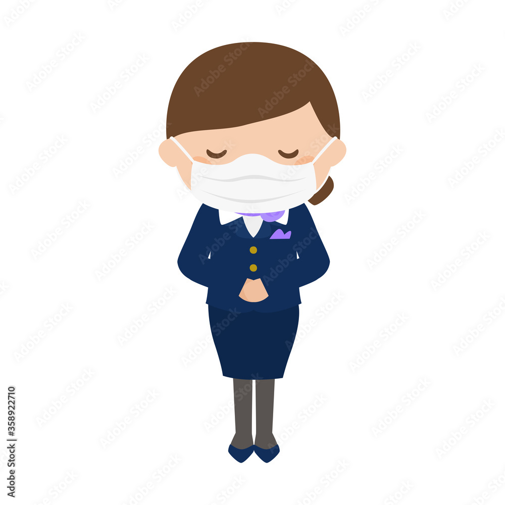 感染予防にマスクをしてお辞儀をしてる若い女性客室乗務員のイラスト。