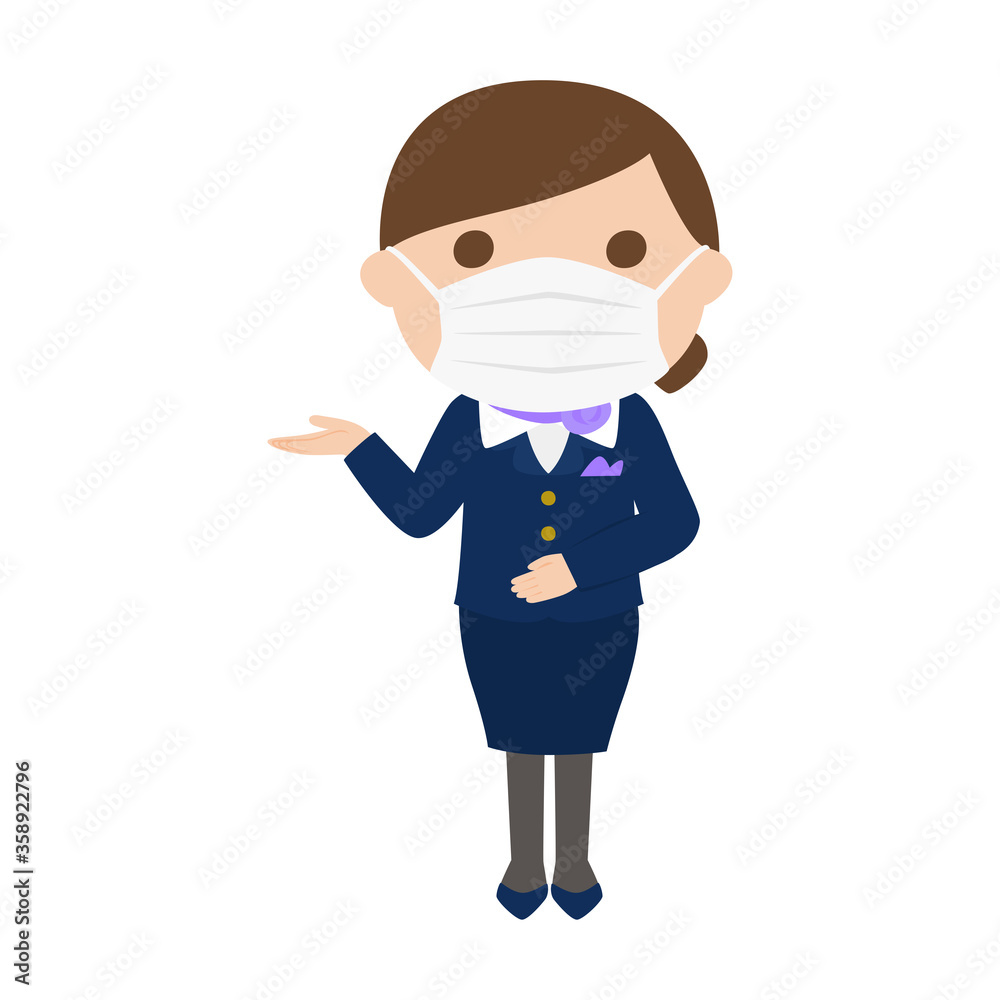 感染予防にマスクをしてる女性客室乗務員。女性がお客を案内してるイラスト。 感染予防にマスクをしてる女性客室乗務員。女性がお客を案内してるイラスト。