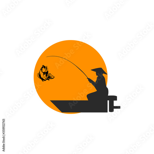 Fishing logo. Bass fish with rod club emblem. Fishing theme vector illustration. Isolated on white.