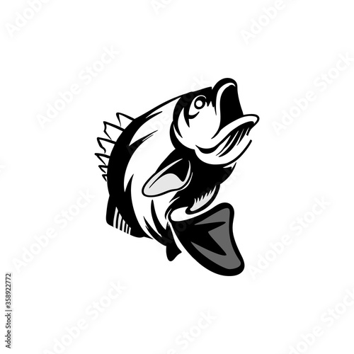 Fishing logo. Bass fish with rod club emblem. Fishing theme vector illustration. Isolated on white.