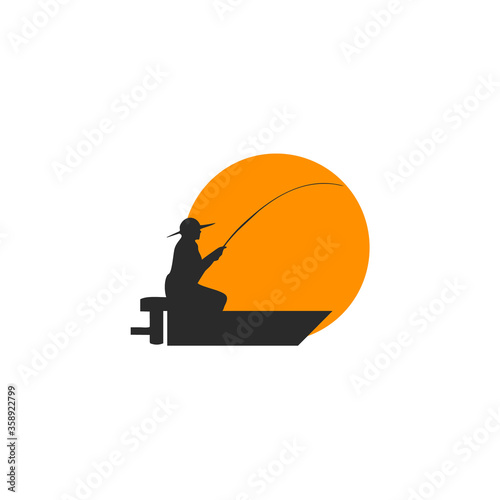 Fishing logo. Bass fish with rod club emblem. Fishing theme vector illustration. Isolated on white.