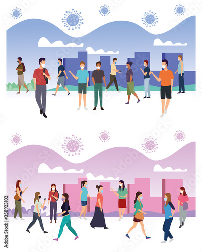 group of people wearing medical masks in the park and city