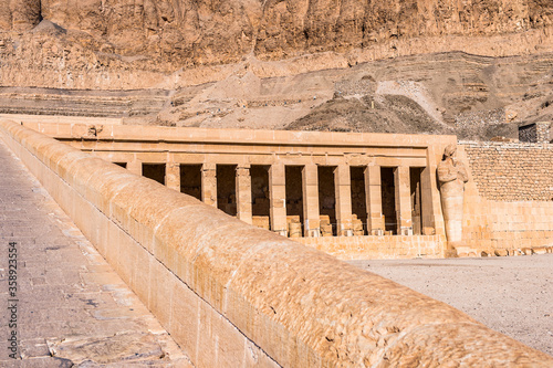It's Queen Hatshepsut's temple (Dayr el-Bahari or Dayr el-Bahri), part of the Theban Necropolis.