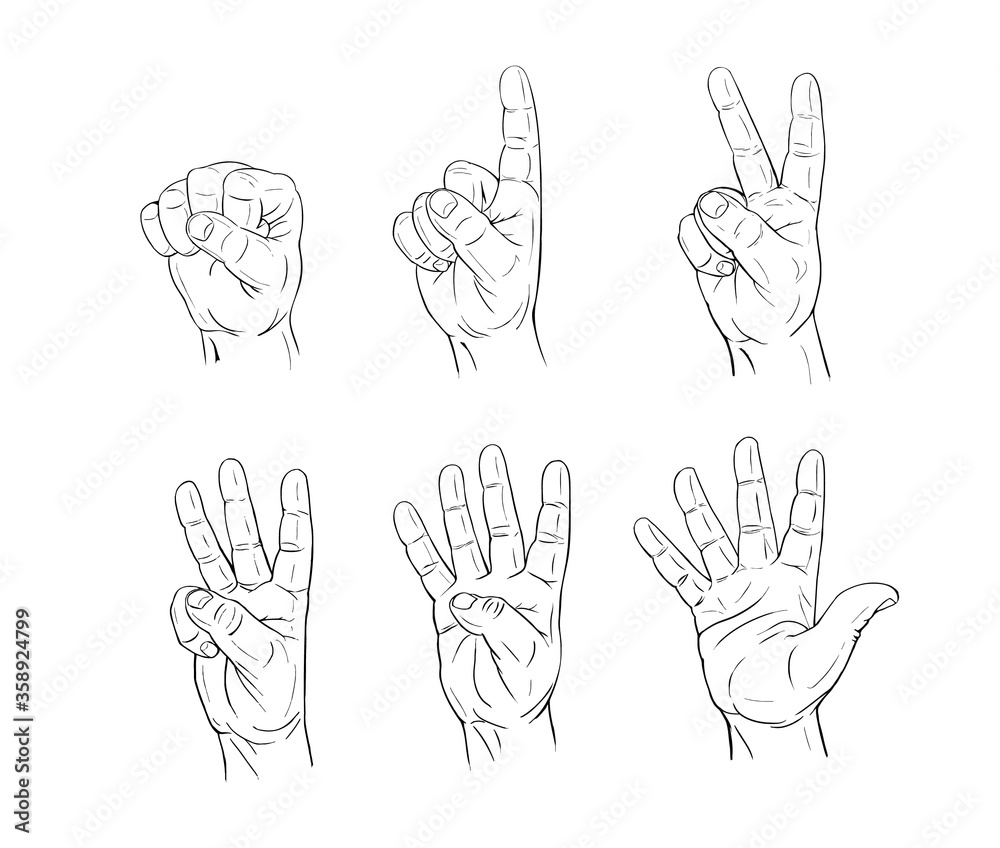 Fototapeta premium Men's hand counting in gesture with fingers one, two, three, four, five, hand drawn with black line in comic cartoon style