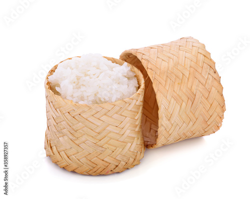 Wooden bamboo traditional style box with Thai sticky rice on white background
