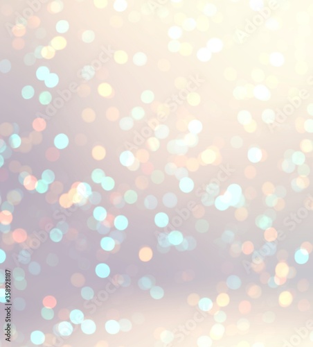 Christmas bokeh abstract background 3d. Golden and blue lights on beige defocus backdrop. Festive delicate pastel texture. 