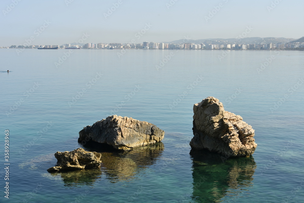 Beautiful view ,rocks with blue summer sea. Albania ,Vlora