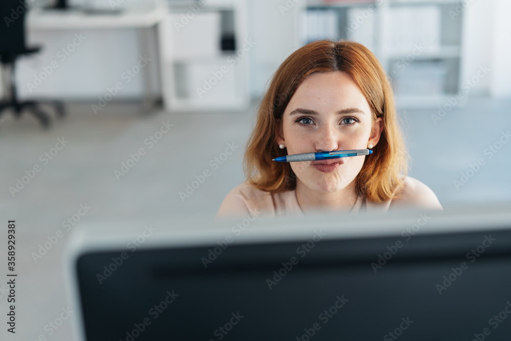 © contrastwerkstatt - Playful businesswoman with a pen mustache © contrastwerkstatt - Playful businesswoman with a pen mustache