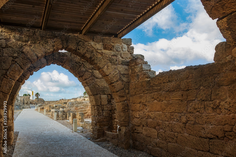 The ruins of the crusader market in Caesarea National Park, Israel.