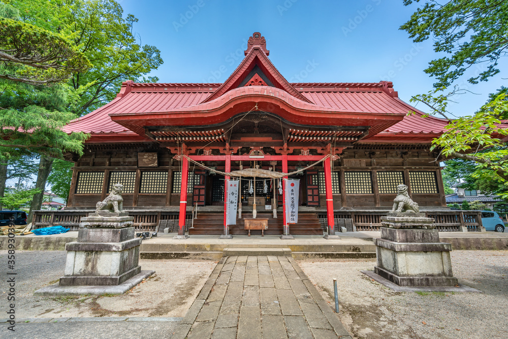 Gardens and Main Hall of Sanno Hie Jinja Shinto shrine. Tsuruoka, Yamagata, Japan