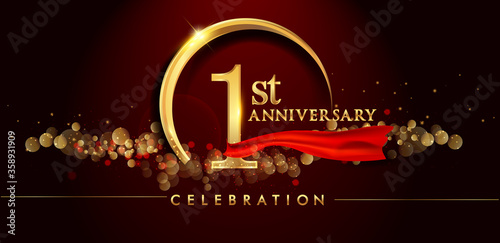 1st anniversary logo with golden ring, confetti and red ribbon isolated on elegant black background, sparkle, vector design for greeting card and invitation card