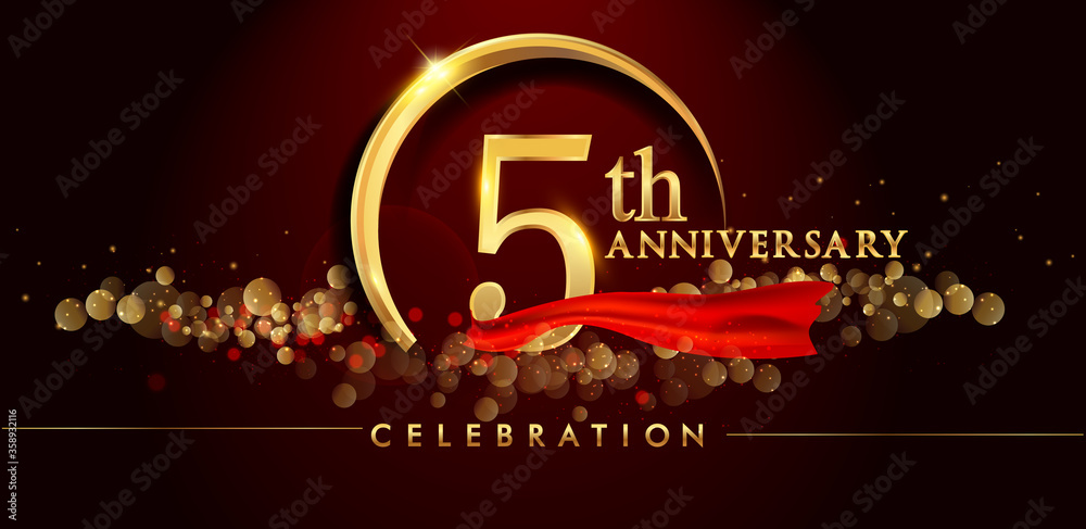 5th anniversary logo with golden ring, confetti and red ribbon isolated on elegant black background, sparkle, vector design for greeting card and invitation card