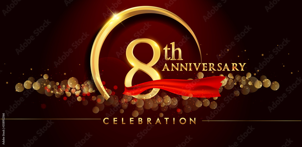8th anniversary logo with golden ring, confetti and red ribbon isolated on elegant black background, sparkle, vector design for greeting card and invitation card