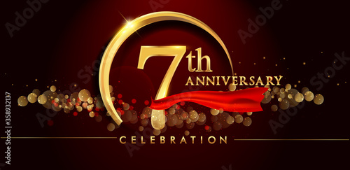 7th anniversary logo with golden ring, confetti and red ribbon isolated on elegant black background, sparkle, vector design for greeting card and invitation card