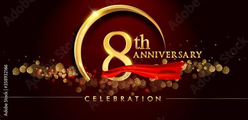 Obraz na płótnie 8th anniversary logo with golden ring, confetti and red ribbon isolated on elegant black background, sparkle, vector design for greeting card and invitation card w salonie