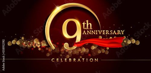 9th anniversary logo with golden ring, confetti and red ribbon isolated on elegant black background, sparkle, vector design for greeting card and invitation card
