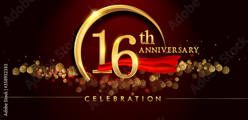 16th anniversary logo with golden ring, confetti and red ribbon isolated on elegant black background, sparkle, vector design for greeting card and invitation card