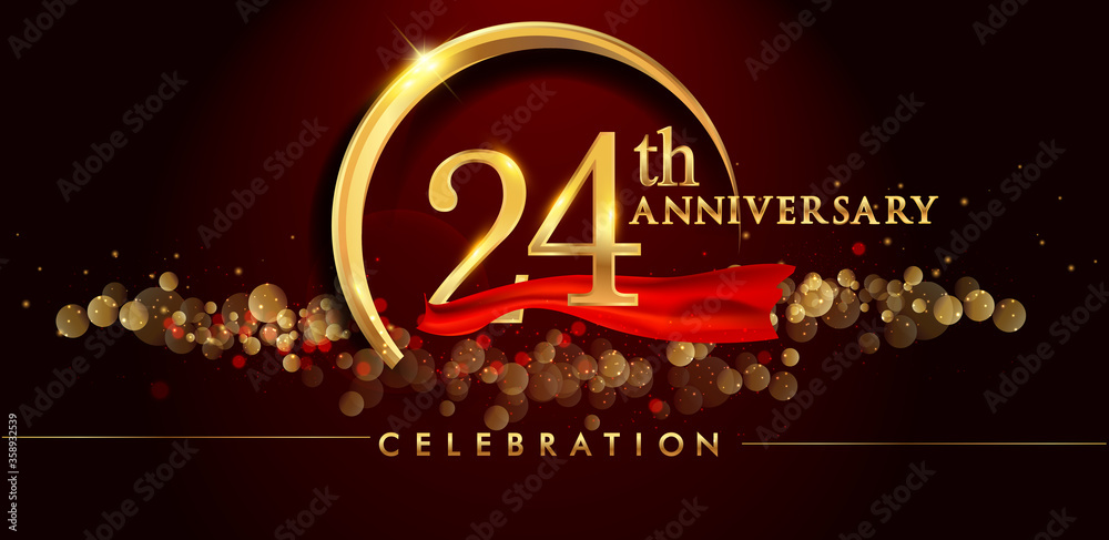 24th anniversary logo with golden ring, confetti and red ribbon isolated on elegant black background, sparkle, vector design for greeting card and invitation card
