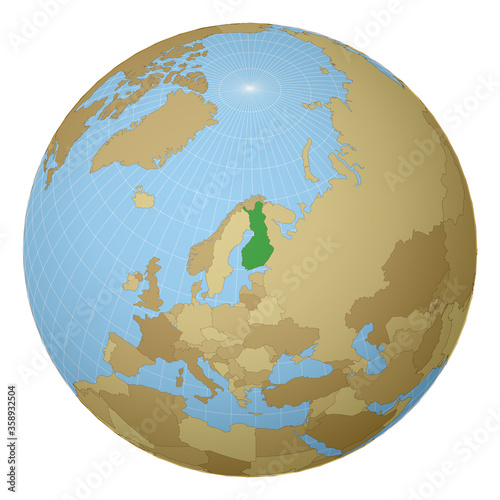 Globe centered to Finland. Country highlighted with green color on world map. Satellite projection view. Vector illustration.