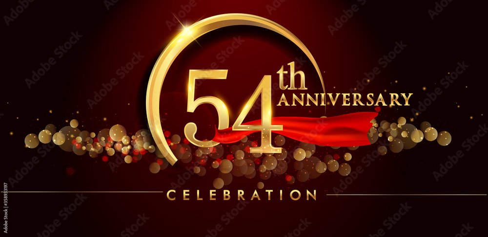 54th anniversary logo with golden ring, confetti and red ribbon isolated on elegant black background, sparkle, vector design for greeting card and invitation card