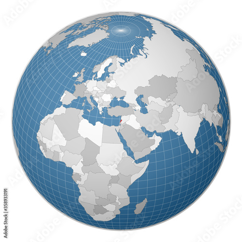 Globe centered on Lebanon. Country highlighted with green color on world map. Satellite world projection. Vibrant vector illustration.