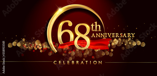 68th anniversary logo with golden ring, confetti and red ribbon isolated on elegant black background, sparkle, vector design for greeting card and invitation card