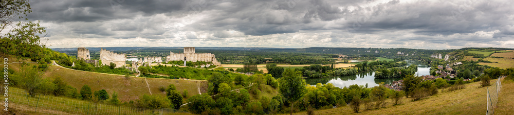 Large view by wide angle about Castel Gaillard close to the Seine River near Rouen in France. Medieval castel