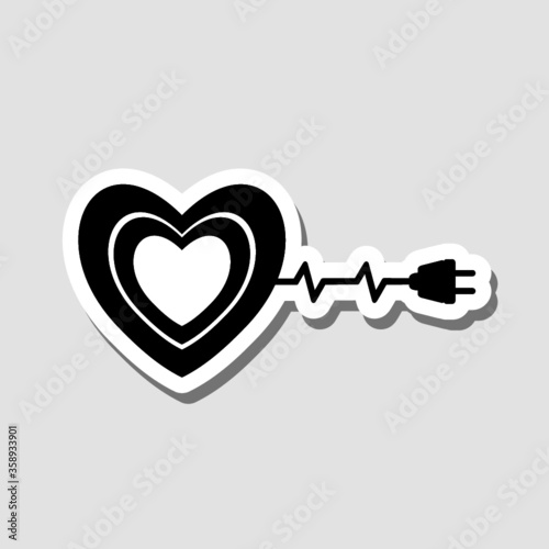 Heart with electric plug sticker icon isolated on gray background