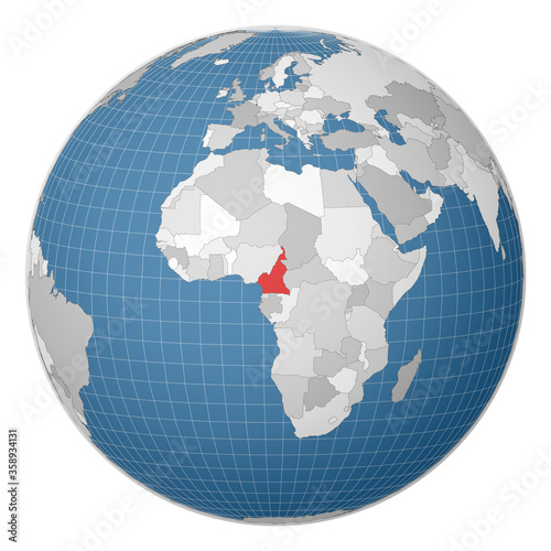 Globe centered on Cameroon. Country highlighted in green on world map. Satellite world projection. Charming vector illustration.