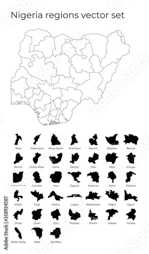 Nigeria map with shapes of regions. Blank vector map of the Country with regions. Borders of the country for your infographic. Vector illustration.