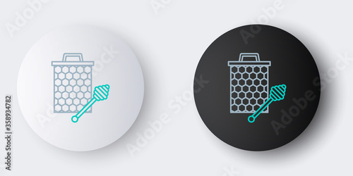 Line Honeycomb with honey dipper stick icon isolated on grey background. Honey ladle. Honey cells symbol. Sweet natural food. Colorful outline concept. Vector.