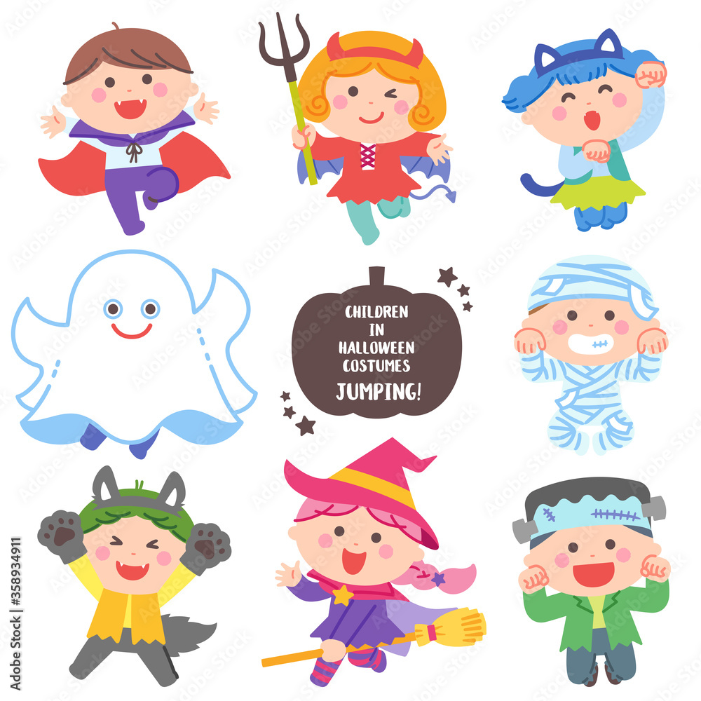 Children jumping in Halloween ghost costumes Children jumping in Halloween ghost costumes